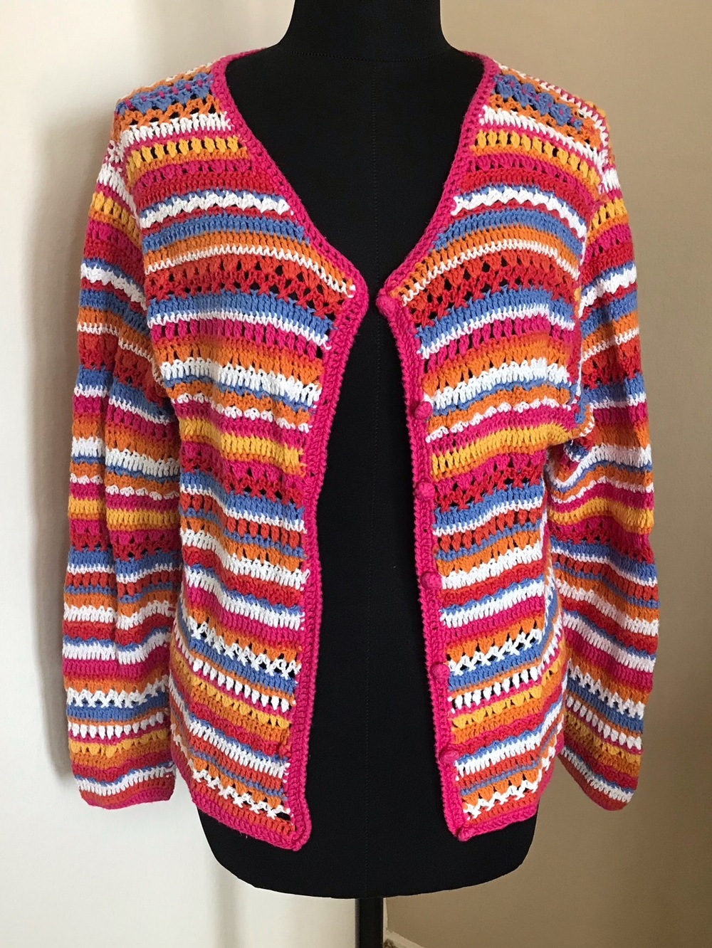 Vintage Bedford Fair Colorful Crochet Knit Cardigan Sweater Size M/L